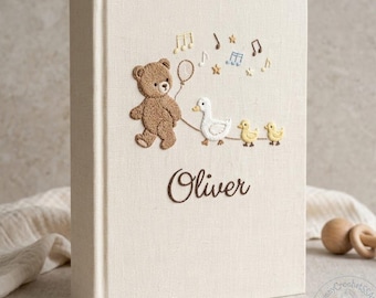 Custom Bear & Ducks Hand Embroidered Keepsake Album, Newborn Gift Baby Memory Book, Personalized Photo Album With Sleeves, Linen Album