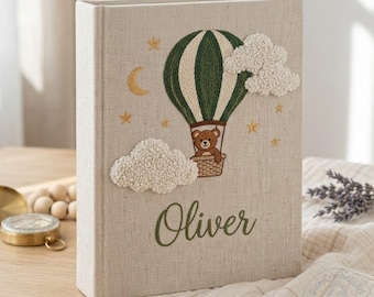 Personalized Teddy’ Air Balloon Baby Photo Album, Hand Embroidered Memory Book With Sleeves, Custom Newborn Gift, Keepsake Album For New Mom