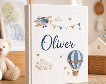 Custom Blue Flight Embroidered Keepsake Album,  Little Voyager Baby Memory Book With Sleeves, Photo Album For Newborn, New Mom Gift