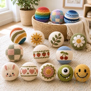 May include: A collection of colorful, crocheted balls with various designs, including a rainbow, checkerboard, sun, daisy, and cherries. The balls are displayed on a light-colored rug and in a woven basket.