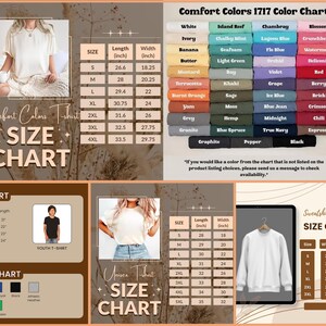 Puede incluir: Imagen de listado de productos con tablas de tallas y colores para camisetas, camisetas juveniles y sudaderas Comfort Colors. La tabla de colores muestra una variedad de tonos y las tablas de tallas proporcionan medidas en cent&iacute;metros.