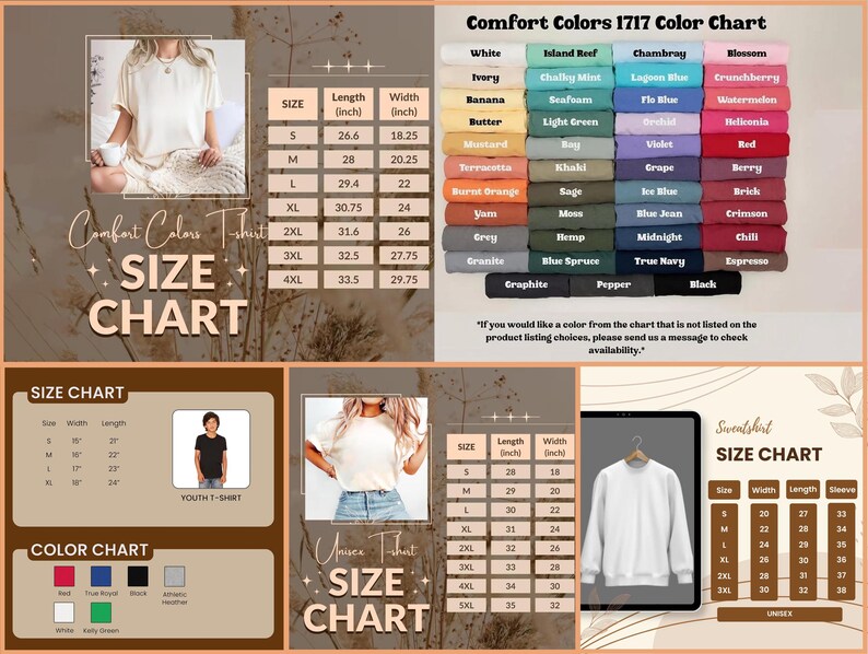 Puede incluir: Imagen de listado de productos con tablas de tallas y colores para camisetas, camisetas juveniles y sudaderas Comfort Colors. La tabla de colores muestra una variedad de tonos y las tablas de tallas proporcionan medidas en cent&iacute;metros.