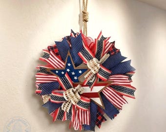 Patriotic Wood Wreath Star with a faux 3D effect , America 250th Anniversary, 4th of July Door Acrylic  Sign