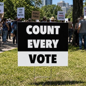 Op de afbeelding: Een rechthoekig protestbord met een gespleten ontwerp, waarbij de bovenste helft zwart is en de onderste helft wit. De tekst "COUNT EVERY" staat in dikke witte hoofdletters op het zwarte gedeelte en "VOTE" in dikke zwarte letters eronder.