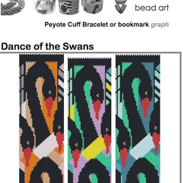 Dance of the Swans -  beaded peyote cuff bracelet, pendant or bookmark pattern graph: Instant Downloadable Pattern PDF File