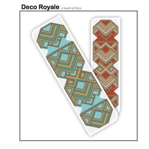 May include: Two peyote stitch beading patterns for a cuff bracelet or bookmark. The patterns are geometric and feature teal, gold, brown, and red beads. The patterns are labeled "Deco Royale".