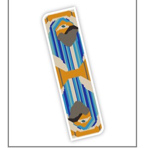 May include: A beading pattern for a bookmark or bracelet cuff, featuring a stylized mask of Horus with blue, orange, and white beads. The pattern is titled "Mask of Horus".