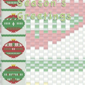 May include: A beaded design featuring four red and green Christmas ornaments with a white background. The text "Season's Greetings" is written in green letters on a white and pink checkered background. The text "A beading design by Glenda Mac Naughton, 2012" is written at the bottom of the image.