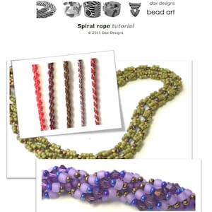 May include: A close-up of a spiral rope beading tutorial. The image shows different colored beaded ropes, including red, brown, gold, and purple. The text "Spiral rope tutorial" is visible at the top of the image.