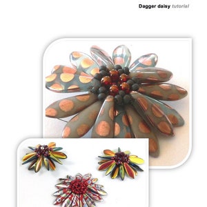 May include: Three beaded flower brooches in different colors and patterns. The top brooch is a large, gray and copper flower with white polka dots. The two smaller brooches are yellow and red with a black center.