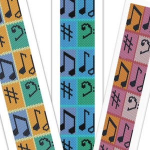 May include: Three different colour variations of a beaded bracelet with a musical note pattern. The bracelet is made with blue, green, orange, and pink beads. The musical notes are black.