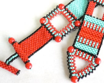 Red Zinger beadweaving geometric cuff bracelet tutorial and instructions: Instant Downloadable Pattern PDF File