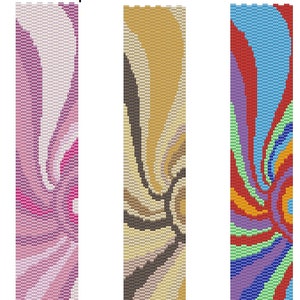 Puede incluir: Tres patrones de abalorios diferentes para pulseras, cada uno con un diseño en espiral. El primer patrón es rosa y blanco, el segundo es dorado y marrón, y el tercero es un arcoíris de colores.