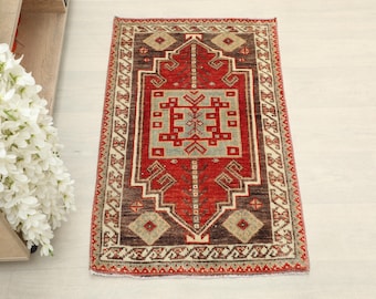 2x3 Ft Red Brown Vintage Turkish Oushak Rug: Bathroom Small Rug, Turkish Rug, Vintage Door Mat, Handwoven Mat, Entryway Mat, Kids Bath Mat