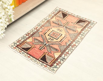 2x3 Orange Green Turkish Small Doormat, Handmade Vintage Rug, Oushak Small Rug, Kitchen, Bathroom, Entryway Mat, Small Home Decor, Floor Rug