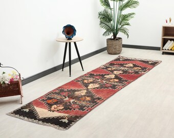 2x9 Brown Blue Red Runner Rug, Vintage Turkish Oushak Runner Rug, Hallway Decor, Hallway Runner, Antique Runner, Wool Runner, Faded Runner
