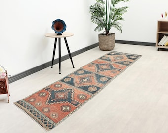3x11 Ft Orange Blue Runner, Vintage Oushak Wool Runner Rug, Turkish Hallway Rug, Hallway Runner, Antique Runner, Wool Runner, Faded Runner