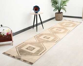 3x15 Beige Brown Handmade Runner Rug, Vintage Turkish Wool Runner Rug, Anatolian Hallway Runner, Antique Runner, Wool Runner, Faded Runner,
