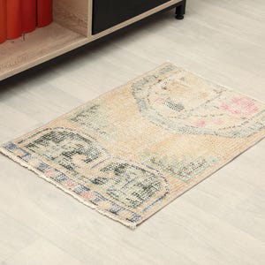 2x3 Vintage Turkish Oushak Rug: Bathroom Small Rug, 2x3 Turkish Rug, 2x3 Vintage Door Mat, Handwoven Mat, Entryway Mat, Kids Bath Mat