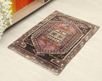 2x3 Purple Brown Turkish Small Rug, Handmade Vintage Rug, Oushak Small Rug, Kitchen, Bathroom, Entryway Mat, Small Home Decor, Floor Rug