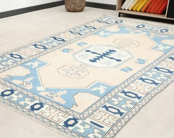 Soft Beige & Blue Geometric Turkish Rug — 5x8 ft Area | Vintage Wool Oushak Medallion Living Room Decor | Bohemian
