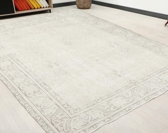 10x13 ft Turkish oushak area rug | distressed beige gray floral wool living room carpet | vintage neutral decor