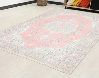 6x10 ft Turkish oushak area rug | muted blue faded medallion wool living room carpet | vintage distressed bohemian decor
