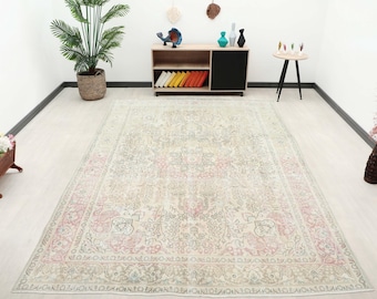 Beige Vintage Rug 10x13 ft Hand Knotted Wool Rug, Soft Pile Faded Rug, Muted Rug, Floral  Rug, Living Room Rug