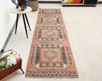 3x12 ft hallway runner rug | Vintage Turkish faded terracotta geometric wool | Distressed tribal brown beige bohemian decor