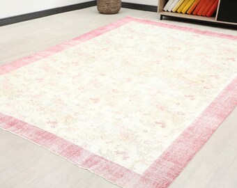 7x10 ft Turkish vintage area rug | faded cream pink floral wool living room carpet | charming distressed cottagecore decor