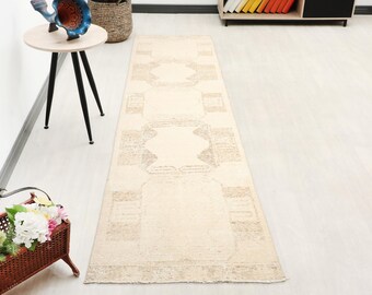 3x11 Beige Brown Runner Rug,  Vintage Oushak Wool Runner Rug, Turkish Hallway Rug, Hallway Runner, Antique Runner, Wool Runner, Faded Runner