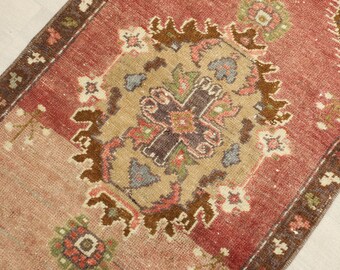 2x3 Ft Red Turkish Small Rug, 2x3 Brown Handmade Vintage Rug, Oushak Small Rug, Kitchen, Bathroom, Entryway Mat, Small Home Decor, Floor Rug