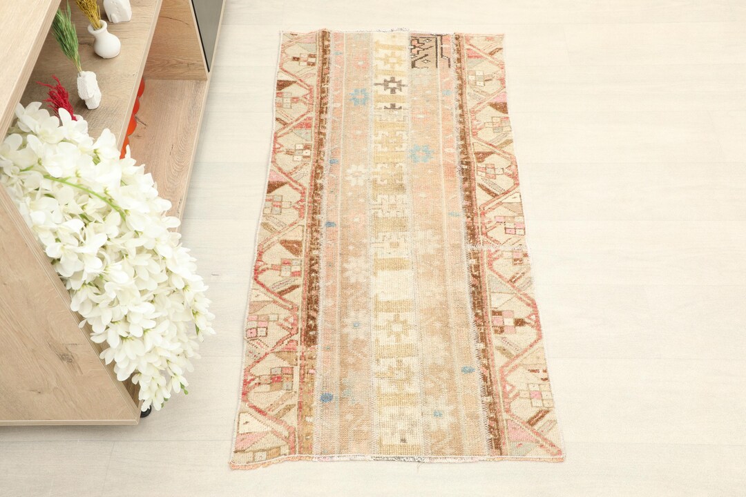 2x4 Beige Pink Turkish Runner, Handmade Wool Rug, 2x4 Vinage Area ...