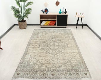 6x11 Vintage Turkish Oushak Rug: Beige Anatolian Area Rug, Kitchen Rug, Handmade Area Rug, Living Room Rug, Oversize Rug, Floor Rug, Bedroom