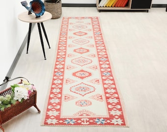 3x10 ft Anatolian runner rug | vintage Turkish red geometric wool hallway carpet | distressed tribal bohemian decor