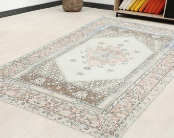 5x7 ft Turkish vintage oushak area rug | muted pink faded blue geometric wool living room carpet | distressed bohemian decor