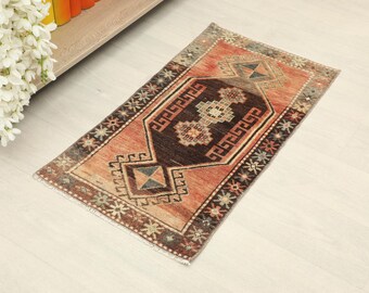 2x3 Orange Anatolian Rug, Vintage Mini Rug, Turkish Rug, Oushak Rug, Natural Rug, Bath Mat Rug, Door Mat Rug, Old Small Rug, Wool Mini Rug
