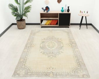 Vintage Turkish Oushak Rug 6x8: Blue & Neutral Living Room Decor, Kitchen Rug, Handmade Area Rug, Living Room Rug, Gift For Here, Floor Rug