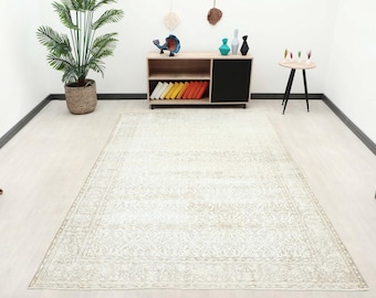7x10 ft Turkish oushak area rug | muted beige faded floral wool living room carpet | vintage distressed decor