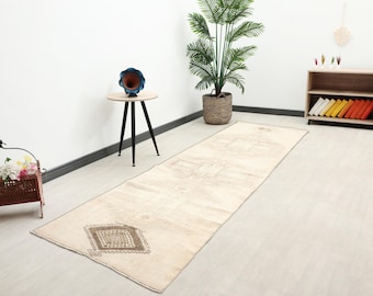 Vintage Oushak Wool Runner Rug: 3x11 Beige Turkish Hallway Rug, Hallway Runner, Antique Runner, Wool Runner, Faded Runner, Colorful Runner