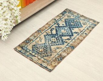 Handmade Wool Turkish Runner Rug, Blue Brown Vintage Oushak Mat, 2x4 ft, Handmade Rug, Wool Rug, Patchwork Rug, Anatolian Rug, Vintage Rug