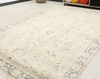 Vintage Turkish Oushak Rug: Beige Anatolian Area Rug (6.7x10.3 ft), Kitchen Rug, Handmade Area Rug, Living Room Rug, Oversize Rug, Floor Rug