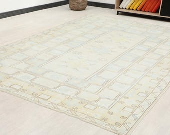 7x9 ft Turkish oushak area rug | muted beige and soft blue geometric wool living room carpet | vintage bohemian home decor accent