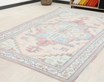 7x10 ft Turkish Oushak area rug | faded blue and blush geometric wool living room carpet | vintage eclectic decor