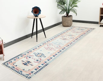 3x12 Ft Beige Red Blue Handmade Vintage Turkish Runner Rug, Antique Oushak Runner, Hallway Runner, Antique Runner, Wool Runner, Faded Runner