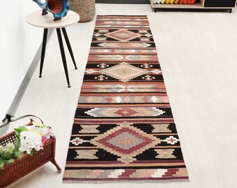 3x10 Ft Red Brown Vintage Turkish Runner, Bohemian Rug, 3x10 Vintage Runner, 3x10 Oushak Rug, Kitchen Runner, Long Runner,Bedroom Rug