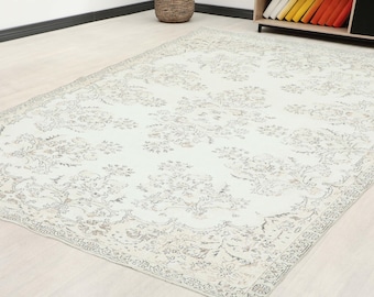 7x12 ft Turkish hand-knotted oushak area rug | faded beige medallion wool living room carpet | distressed neutral decor