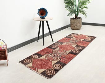3x8 Red Brown Runner, Vintage Turkish Oushak Runner Rug, Hallway Runner, Antique Runner, Wool Runner, Faded Runner, Beige Brown Runner Rug