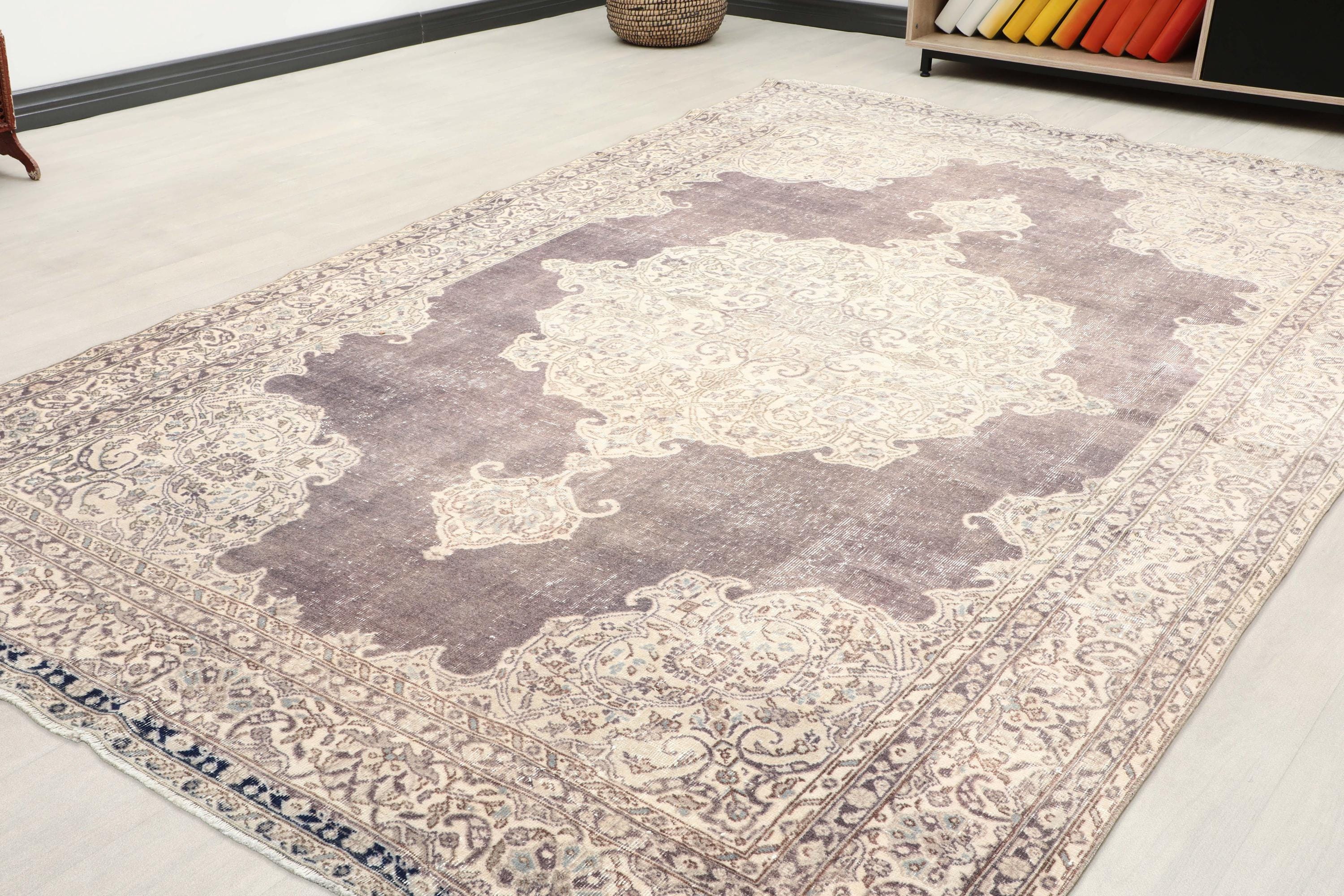 Vintage Turkish Rug 8x11: Beige & Purple Bamboo Silk Palace Rug