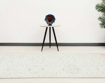 3x10 ft Turkish vintage runner rug | Faded beige muted blue floral wool hallway carpet | Bohemian eclectic decor